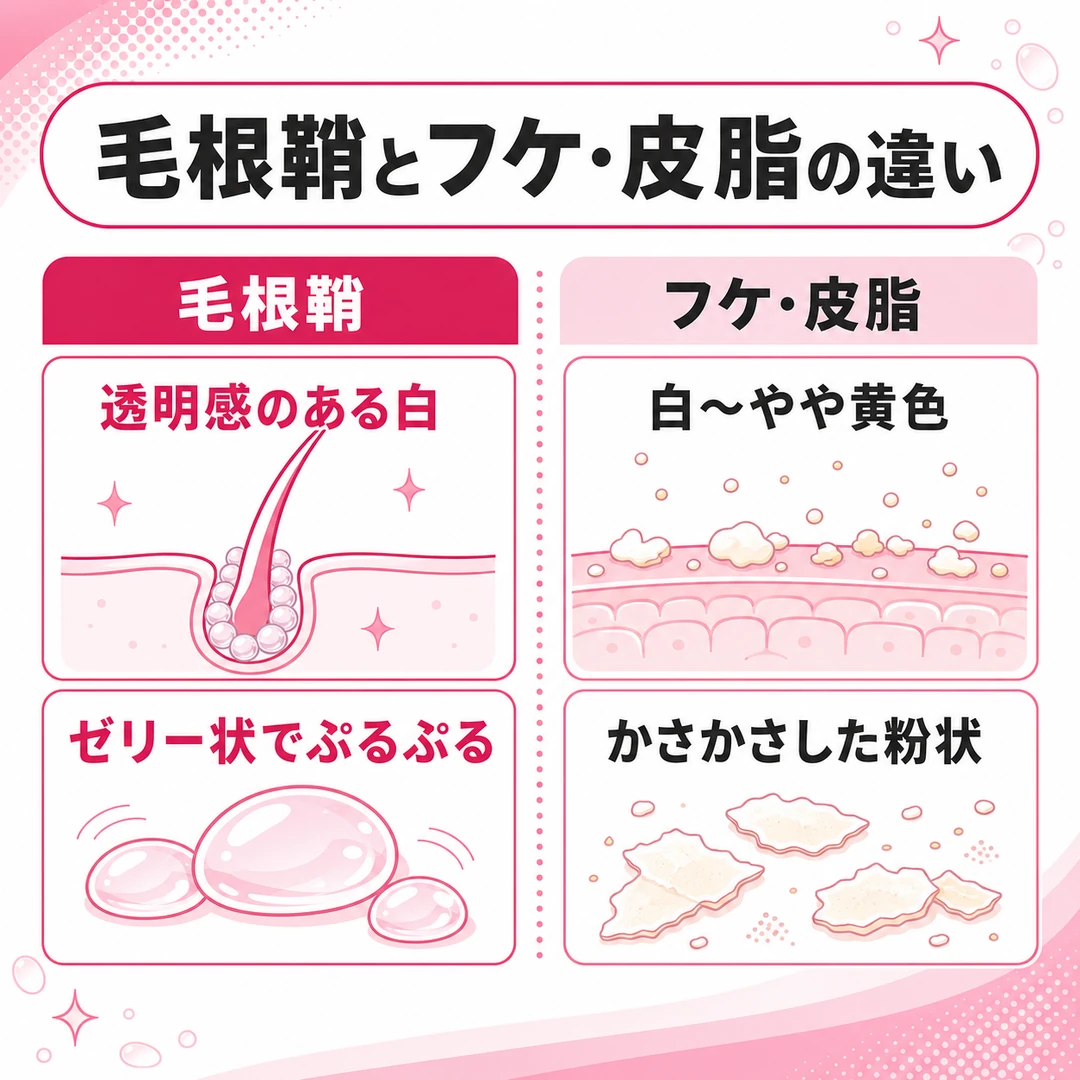 毛根鞘とフケ・皮脂の違いを2列で比べた図。毛根鞘は透明感のある白でゼリー状、フケ・皮脂は白~やや黄色でかさかさした粉状