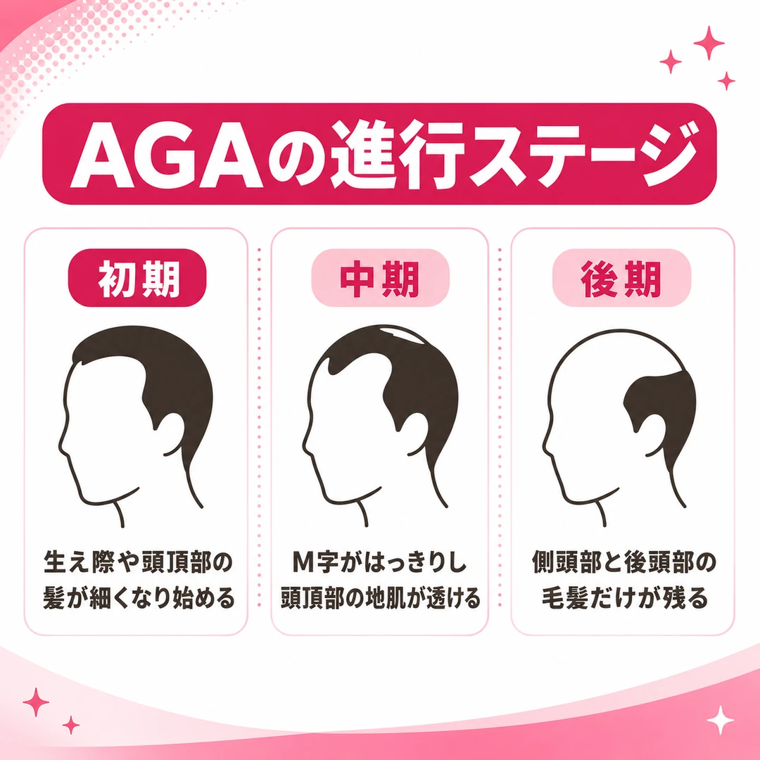 AGAの進行ステージを初期・中期・後期の3段階で示した図
