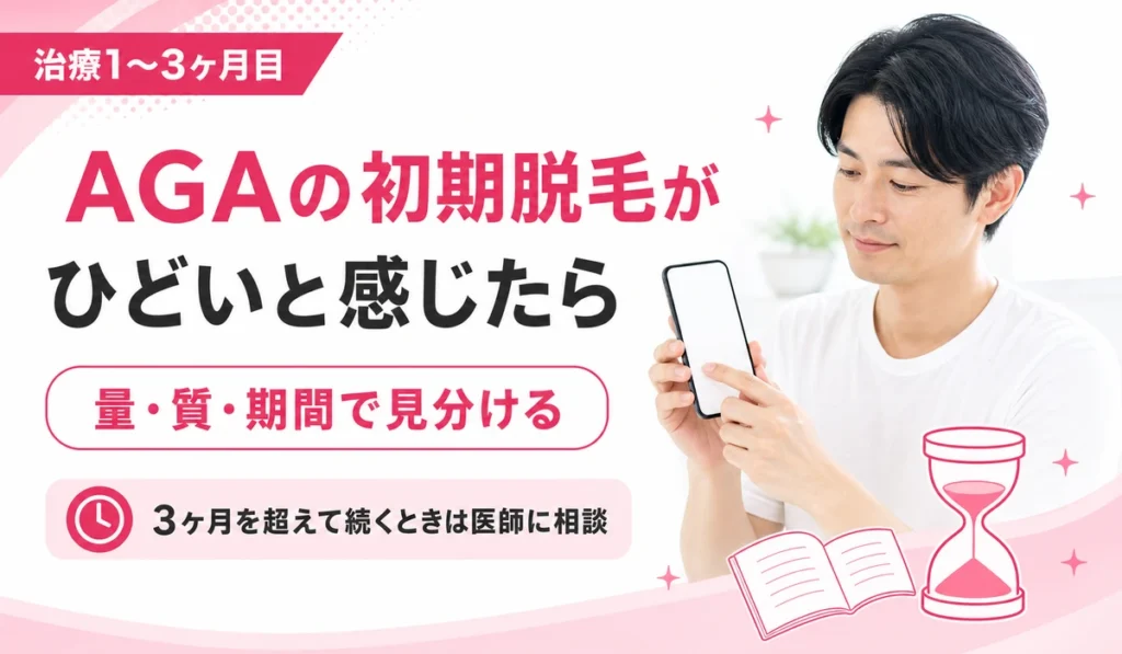 AGA治療の初期脱毛がひどいときの見分け方を解説する記事の見出しイラスト。スマホで治療の経過を見返す男性と、量・質・期間という3つの目安