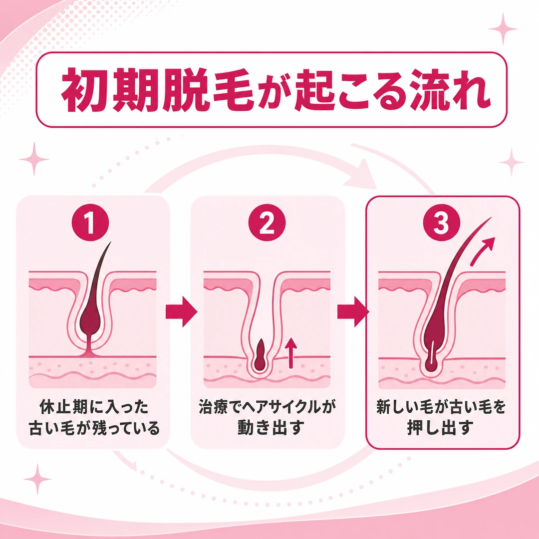 AGA治療を始めたときに抜け毛が増える流れを3段階で示した図。休止期の古い毛が残っている状態から、新しい毛が古い毛を押し出すまで