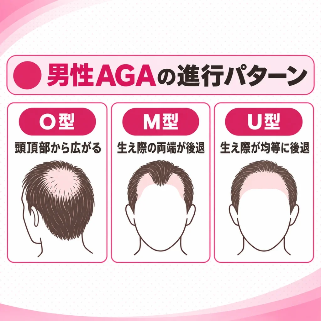 男性AGAの進行パターン3種の比較図。頭頂部から広がるO型、生え際の両端が後退するM型、生え際が均等に後退するU型。