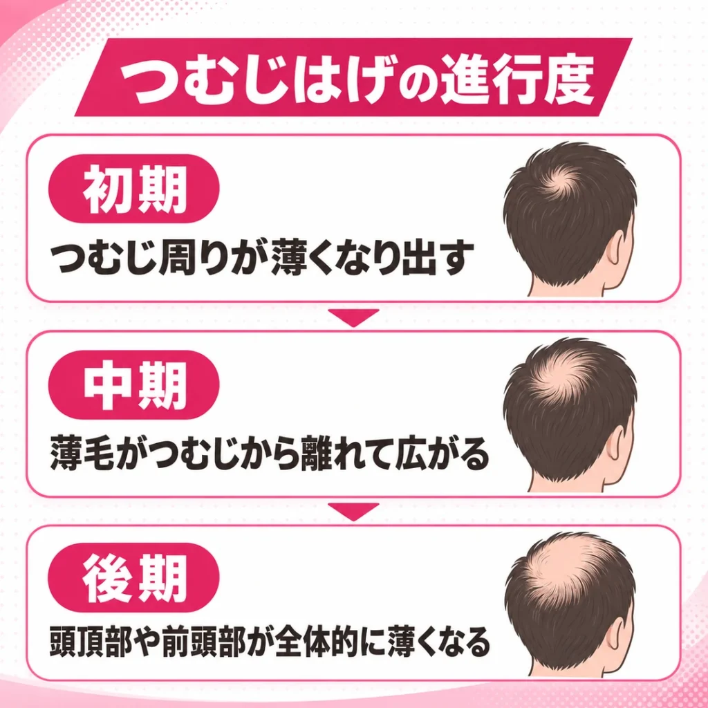 つむじはげの進行度3段階の図。初期はつむじ周りが薄くなり出し、中期は薄毛が広がり、後期は頭頂部や前頭部が全体的に薄くなる。