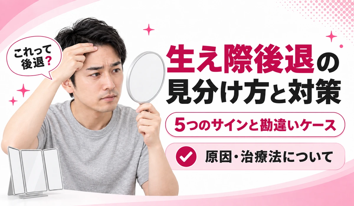 生え際後退の見分け方と対策を掲げ、手鏡を持って前髪を上げ生え際を確かめる男性を配した図（編集部調べ）