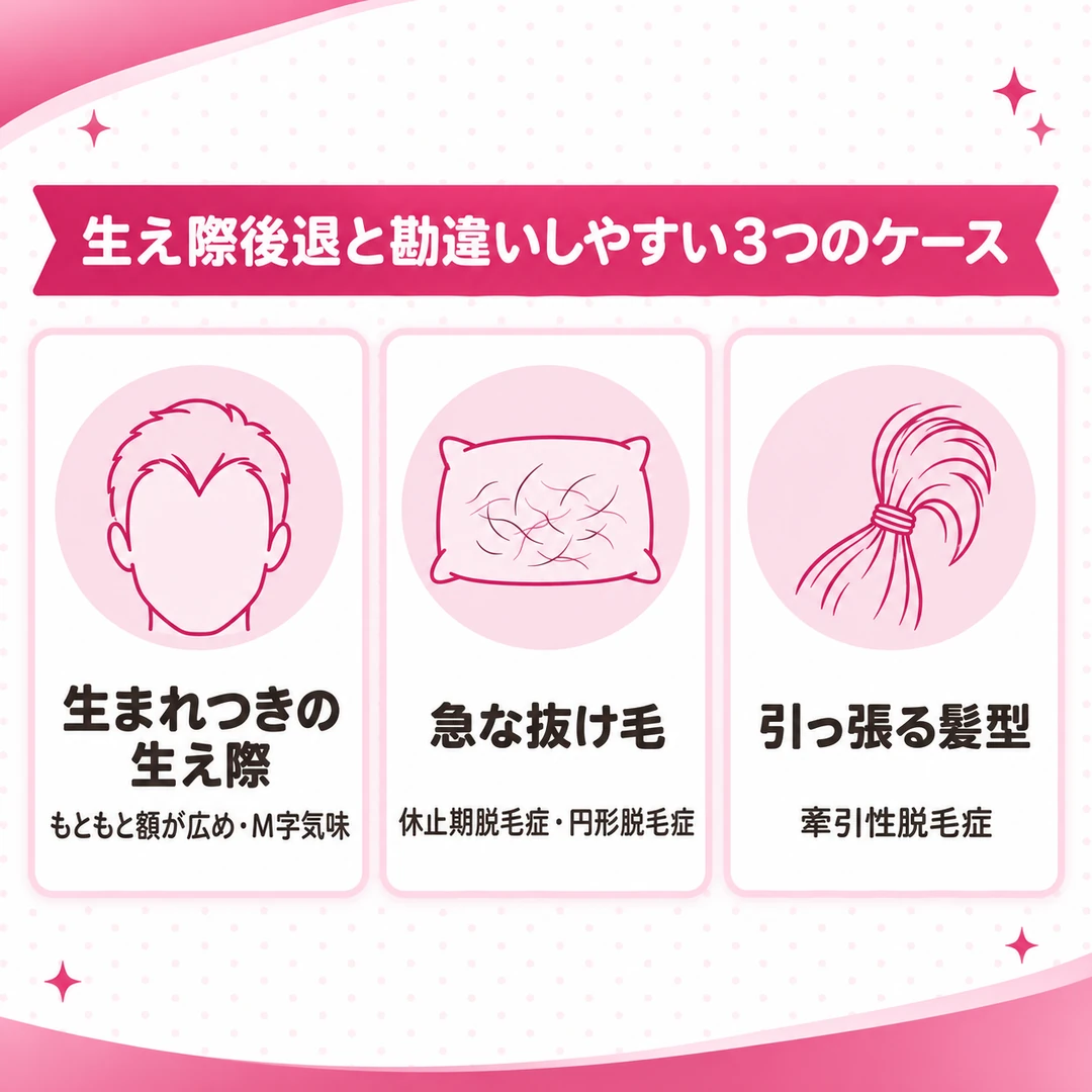 生え際後退と勘違いしやすい3つのケースの図。生まれつきの生え際、急な抜け毛、引っ張る髪型（編集部調べ）