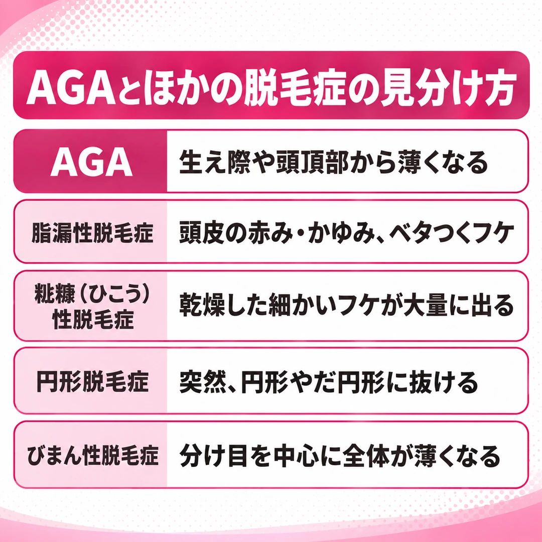 AGAとほかの4つの脱毛症の見分け方の一覧図。AGAは生え際や頭頂部から、びまん性脱毛症は分け目を中心に全体が薄くなる。