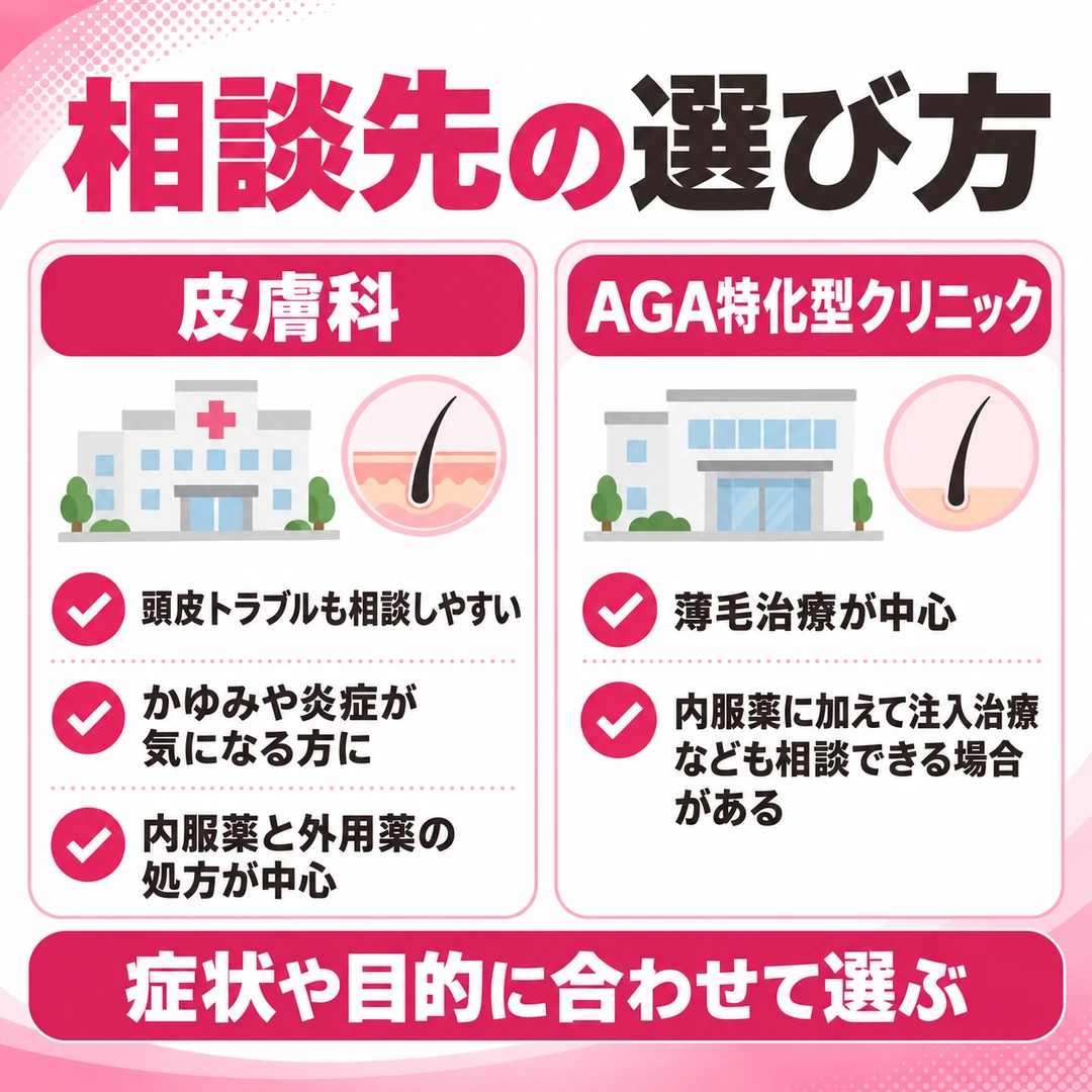 皮膚科とAGA特化型クリニックの違いを並べた図。皮膚科は頭皮トラブルもあわせて相談しやすく、AGA特化型クリニックは内服薬に加えて注入治療なども相談できる場合がある