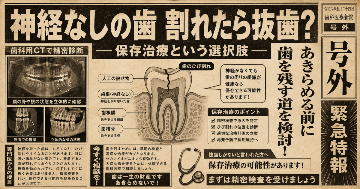 神経なしの歯が割れたら抜歯?歯根破折で後悔しない3つの選択肢